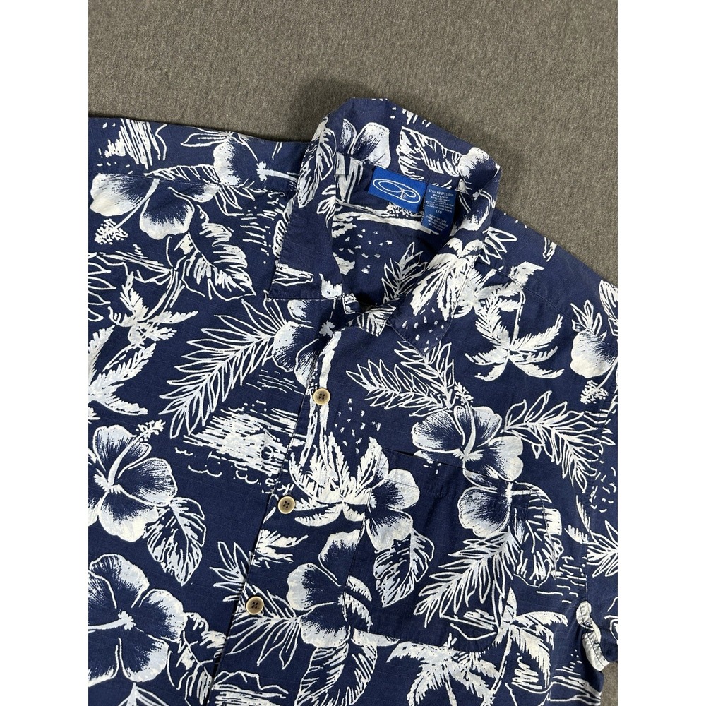 OP Ocean Pacific Men's Hawaiian Shirt Navy Blue Hibiscus Tropical Print Cotton L